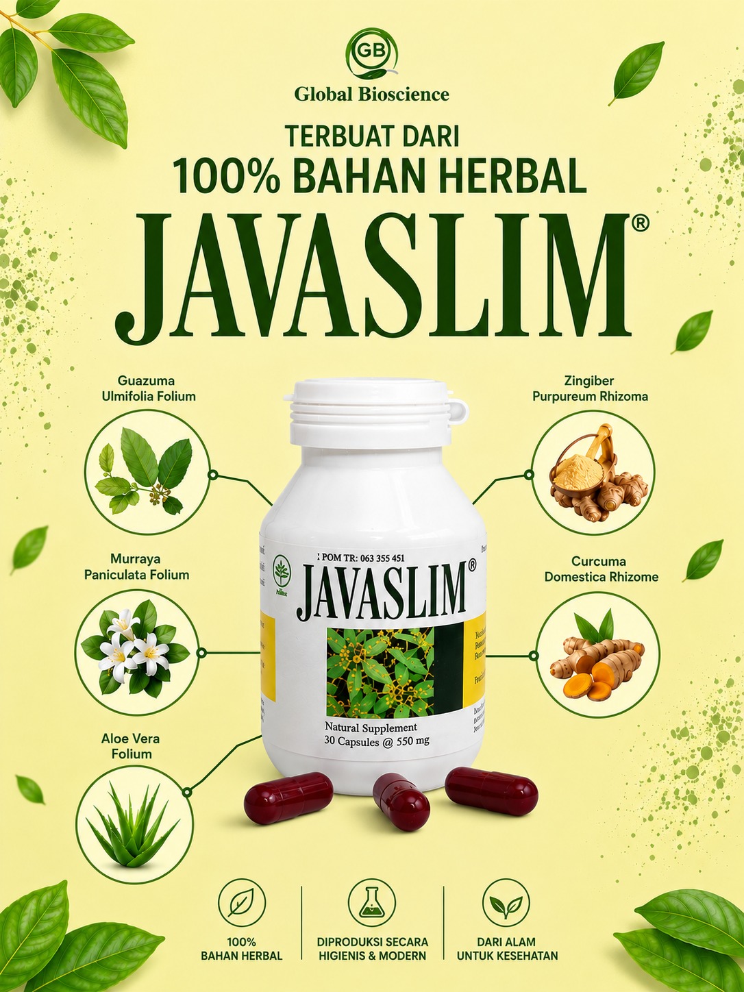 Infografik JAVASLIM berbahan herbal dengan aloe vera, bangle, kunyit, jati belanda, kemuning, dan kapsul herbal
